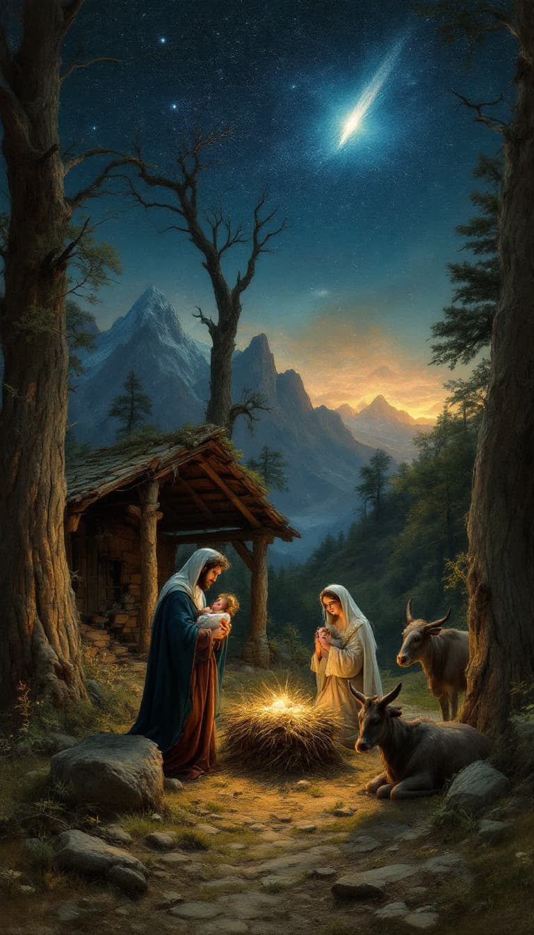 AI generated: A nativity scene with Joseph, Mary holding her baby Jesus, surrounded by the remains of an old stabl...