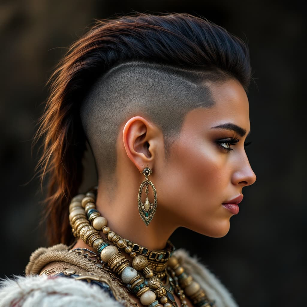 AI generated: indian warrior woman with shaved undercut hairstyle with top swept back
