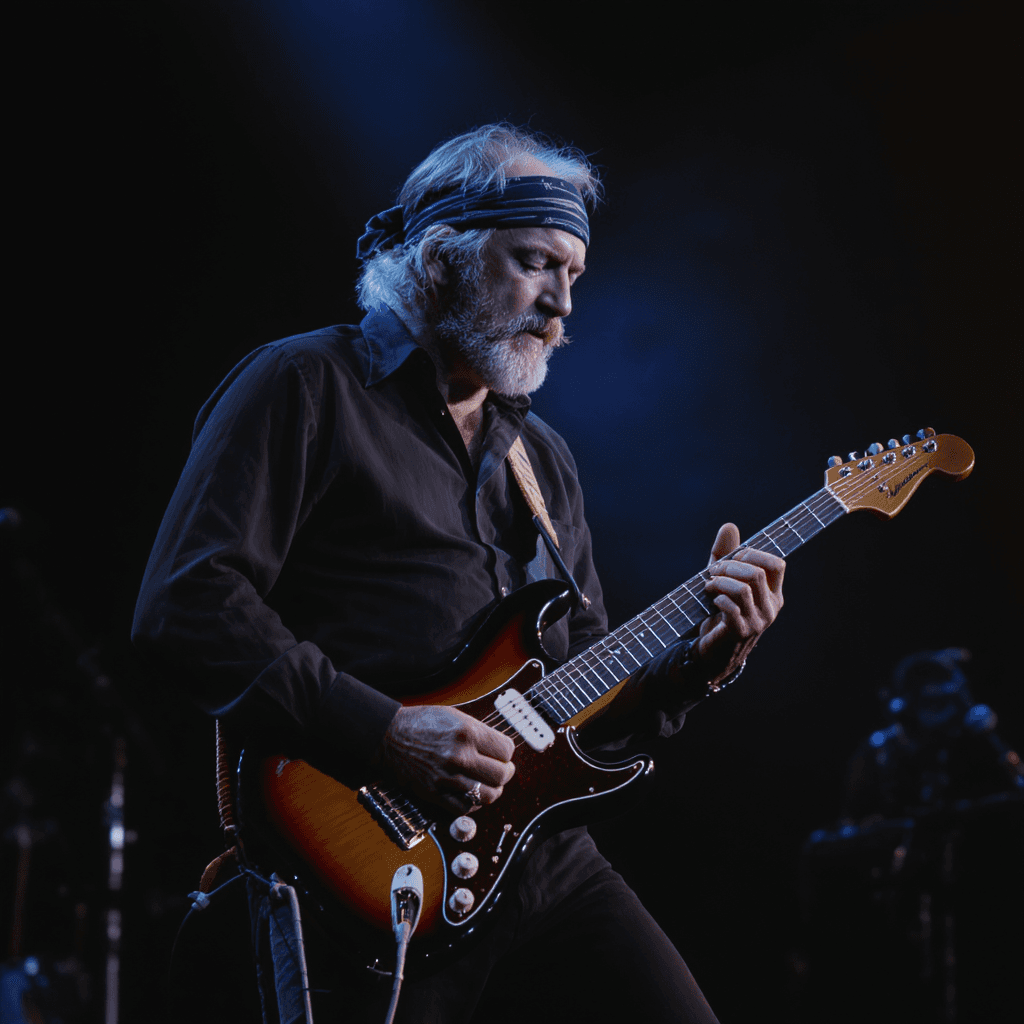 AI generated: Mark Knopfler performing live on stage in the 1980s, wearing a headband, playing electric guitar in ...