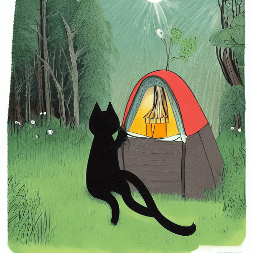 AI generated: illustration black cat that woke up in the forest, looks out of the tent and sees the lake
