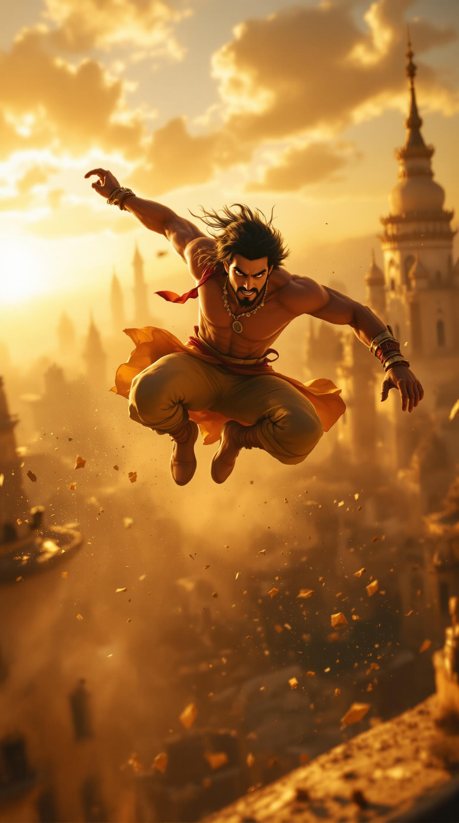 AI generated: A hyper-realistic, cinematic action shot of a real-life Aladdin performing intense parkour on the ro...