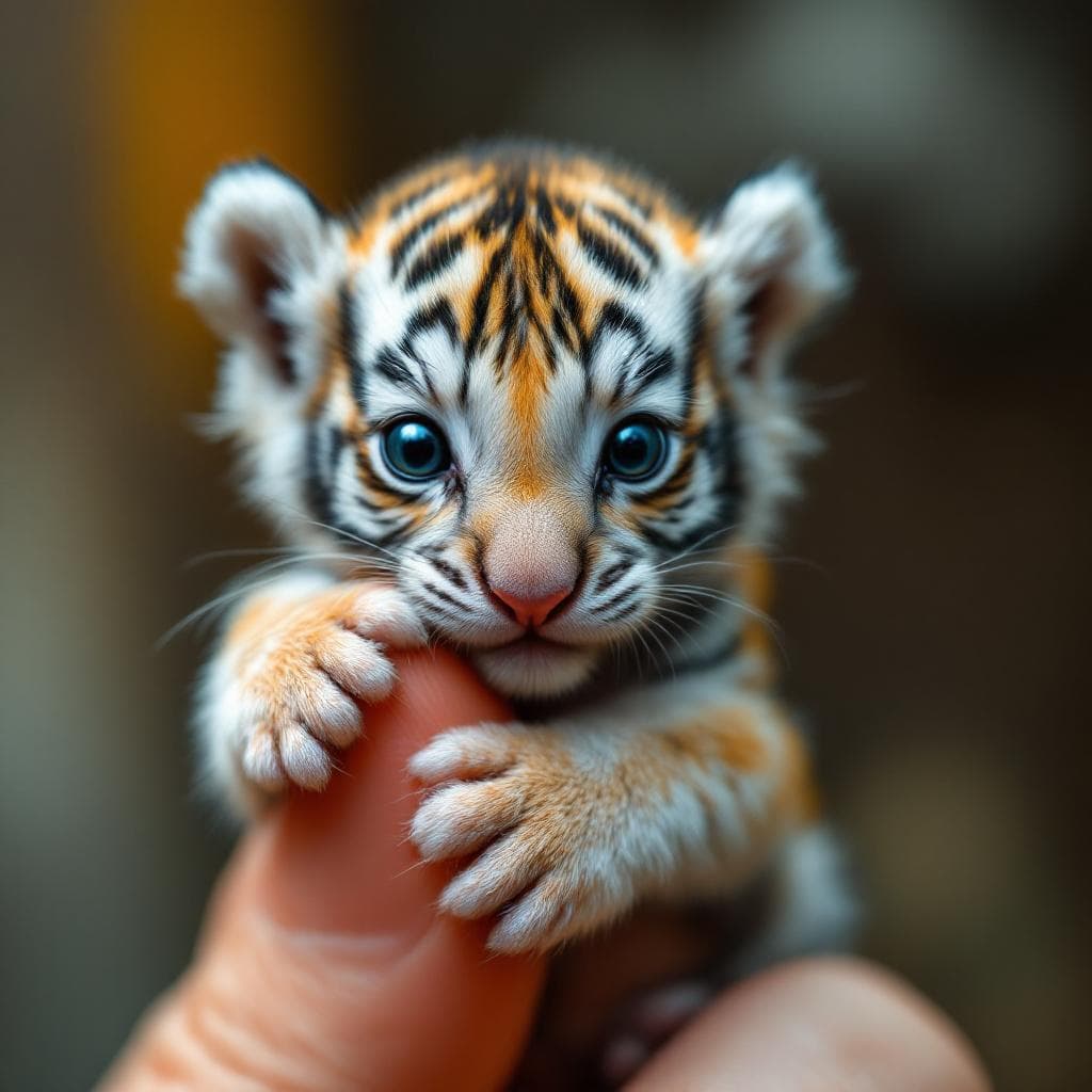 AI generated: Photorealistic macro shot of a miniature newborn elephant perched on a human thumb. The extreme clos...