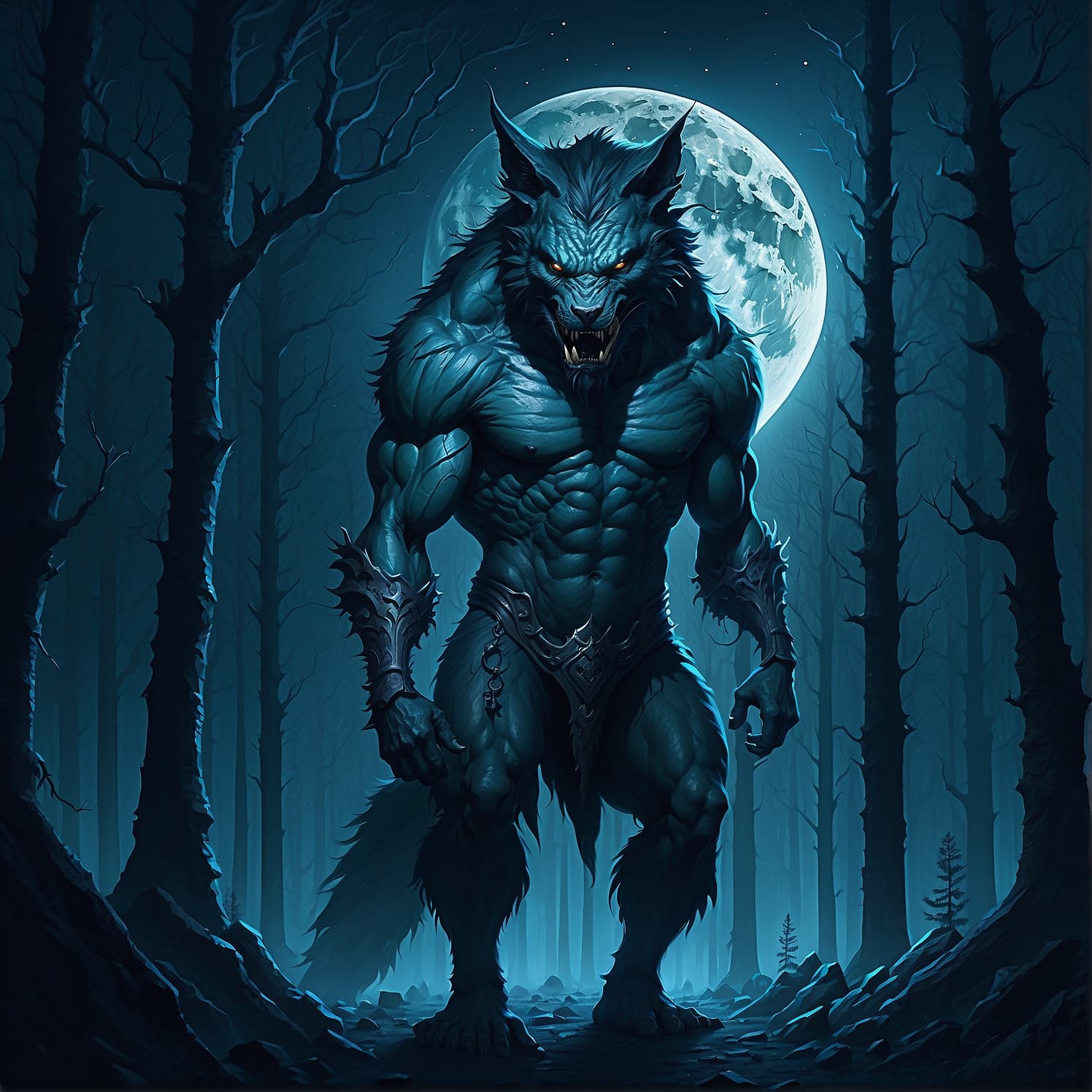 AI generated: As the full moon rises above the dark and foggy forest, a majestic werewolf stands tall, its fur gli...