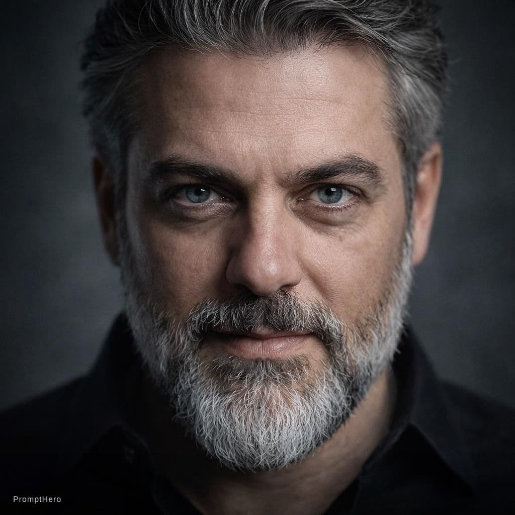 AI generated: Ultra-realistic cinematic close-up portrait of a rugged middle-aged man with salt-and-pepper hair an...
