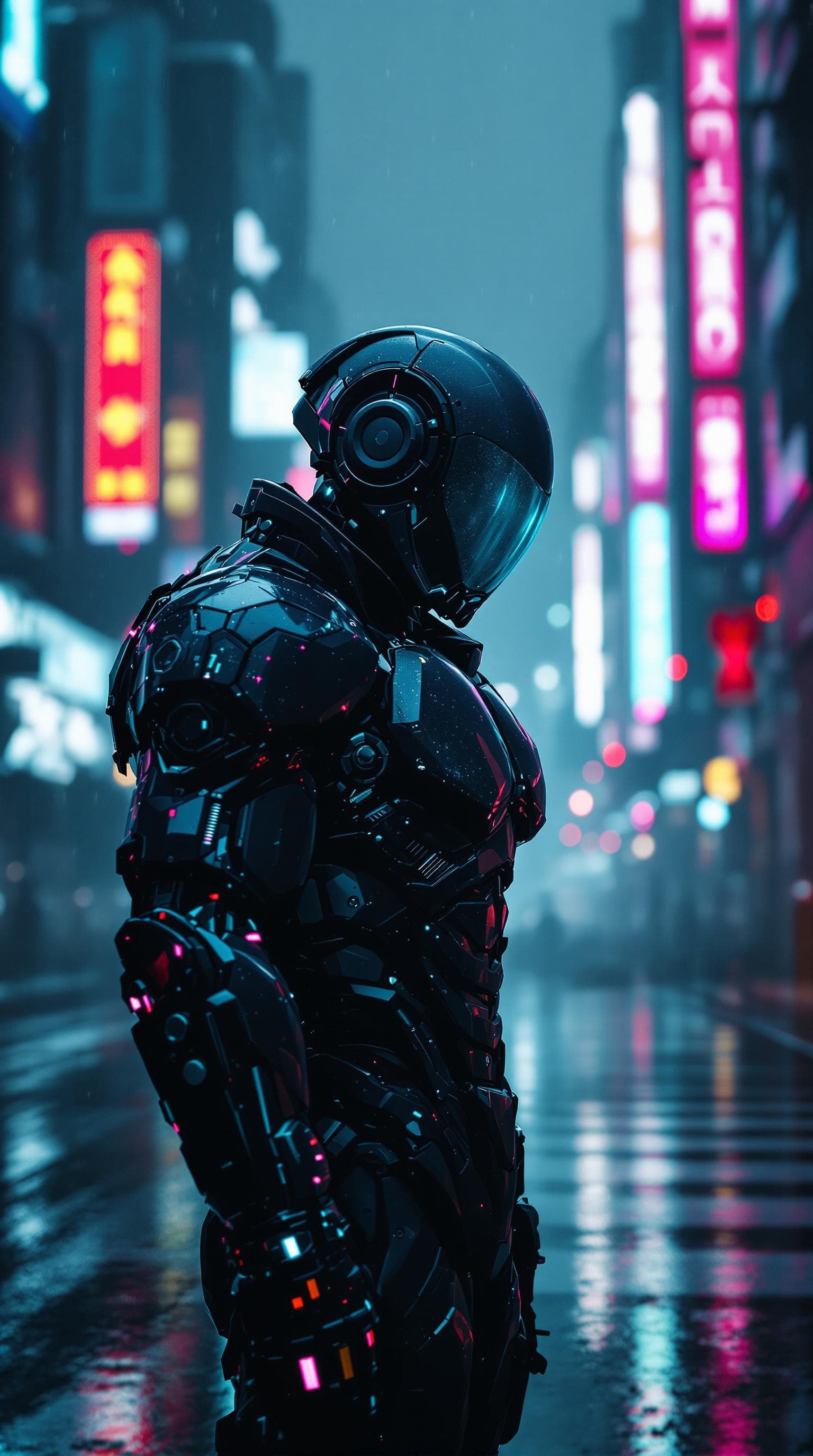 AI generated: Cyborg version of capcom mega man standing in the street of a dark rainy neon dystopian city, blade ...