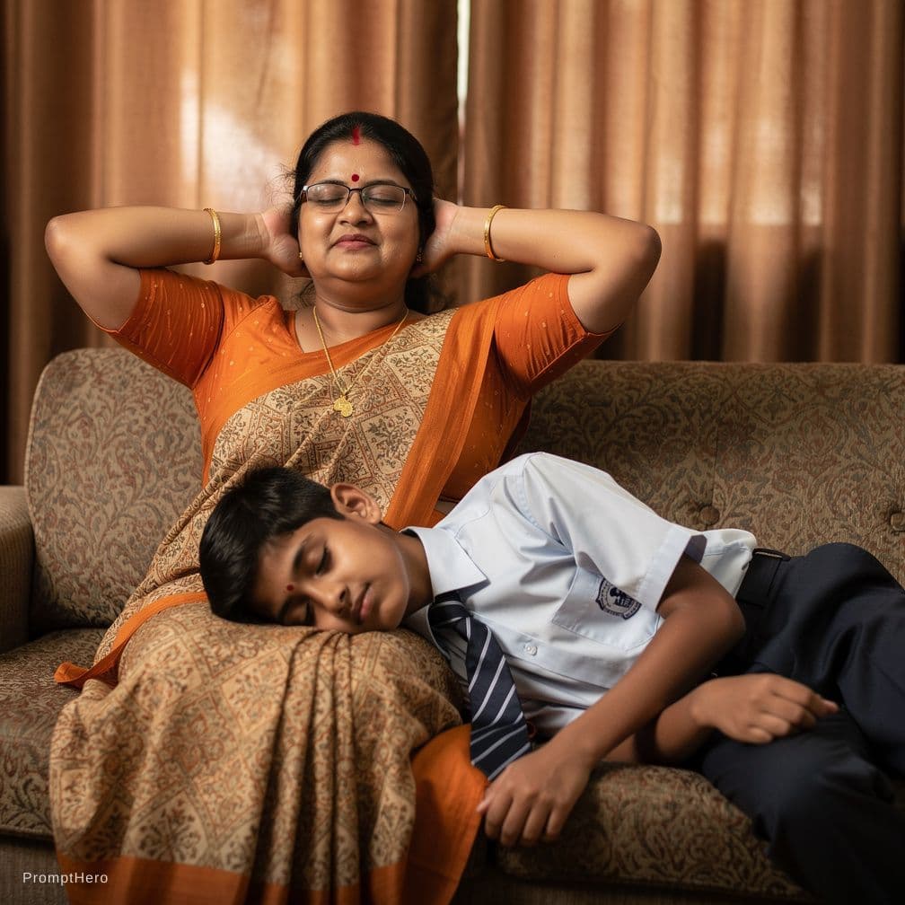 AI generated: The image shows a woman and a young man resting together on a patterned sofa. The woman is wearing g...