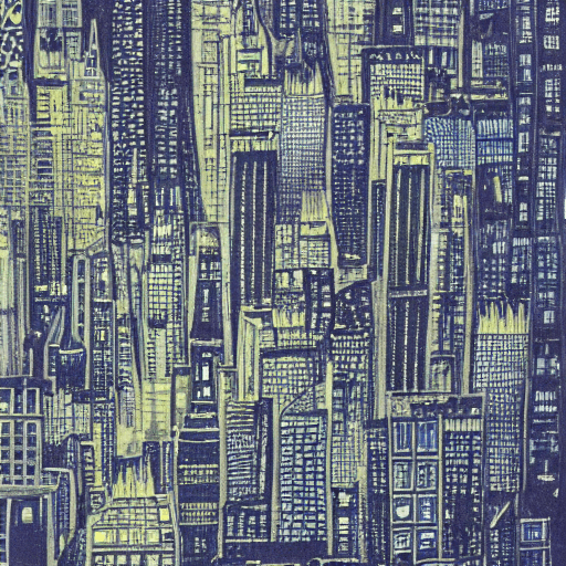 AI generated: a rainy city scape from a birds eye view, in midnight blue colouring.