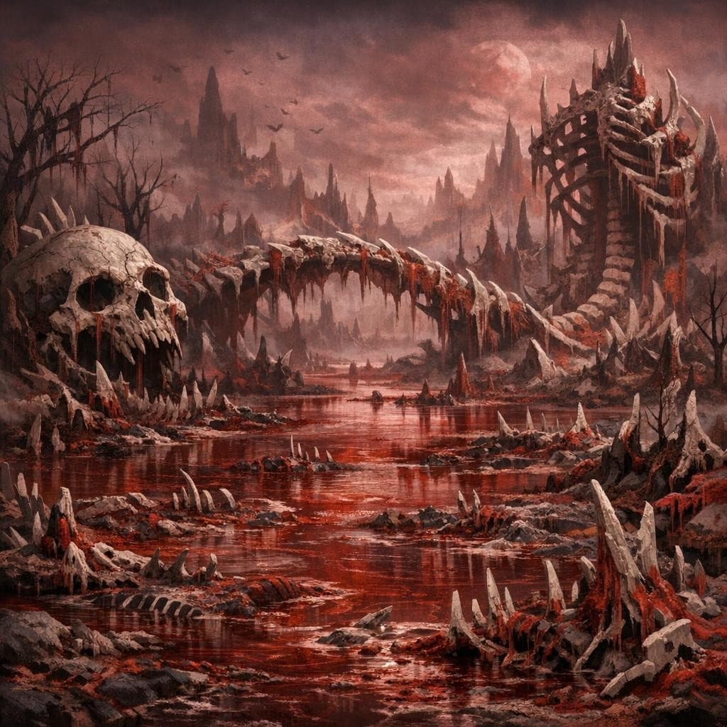 AI generated: Create a new and unique environment/Biome of a The Crimson Bone Marsh (Land of blood and bone)