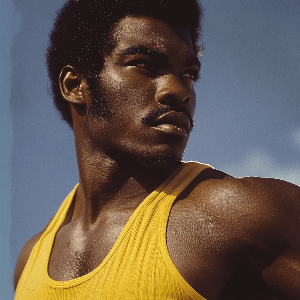 AI generated: vintage photo of a young african american with big hairy armpits, wearing a yellow tank top, looking...