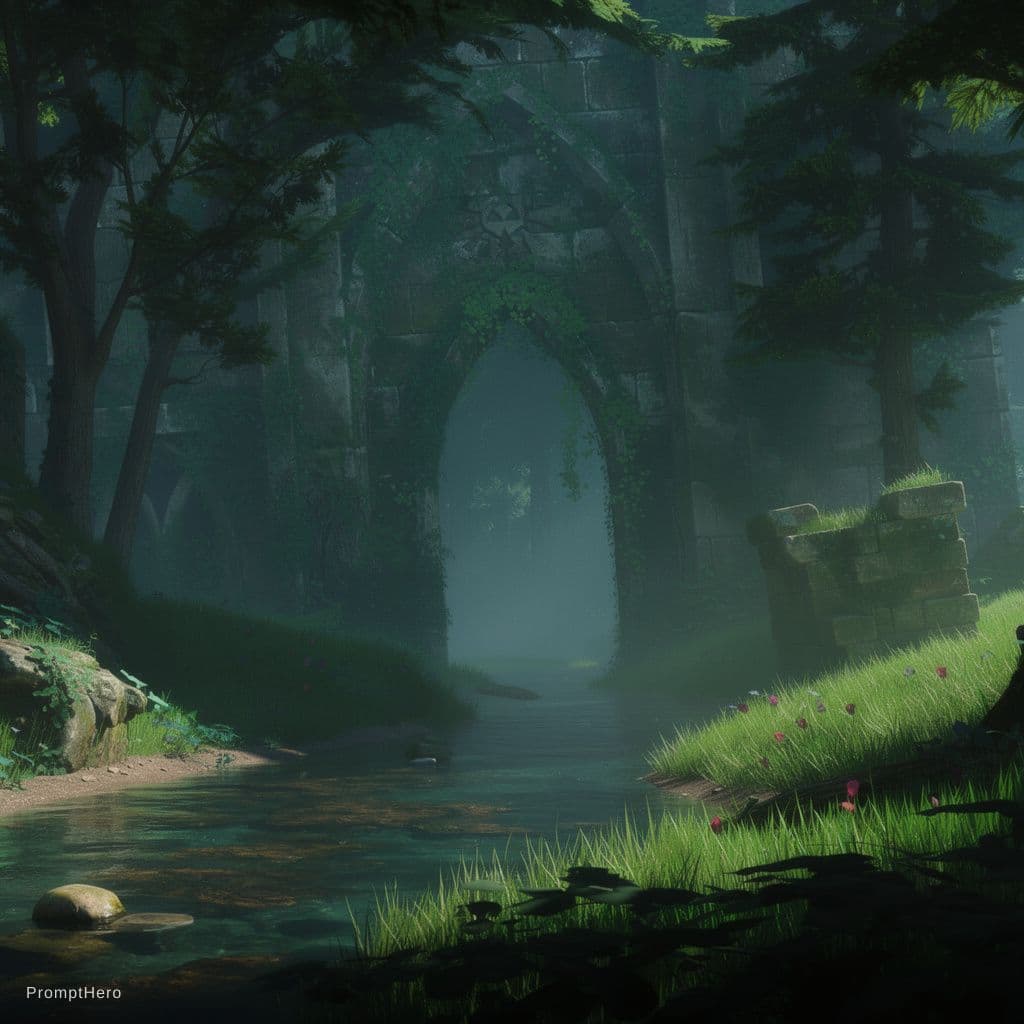 AI generated: Dark, cinematic forest ruin scene with the same composition: a shallow stream in the foreground, lus...