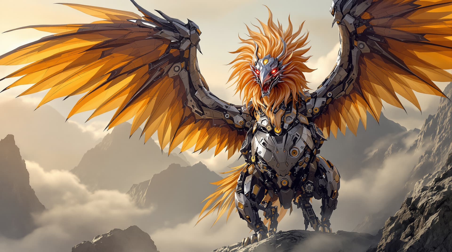 AI generated: Image is a digital artwork featuring a mechanical Gryphon with intricate details. The Gryphon has a ...