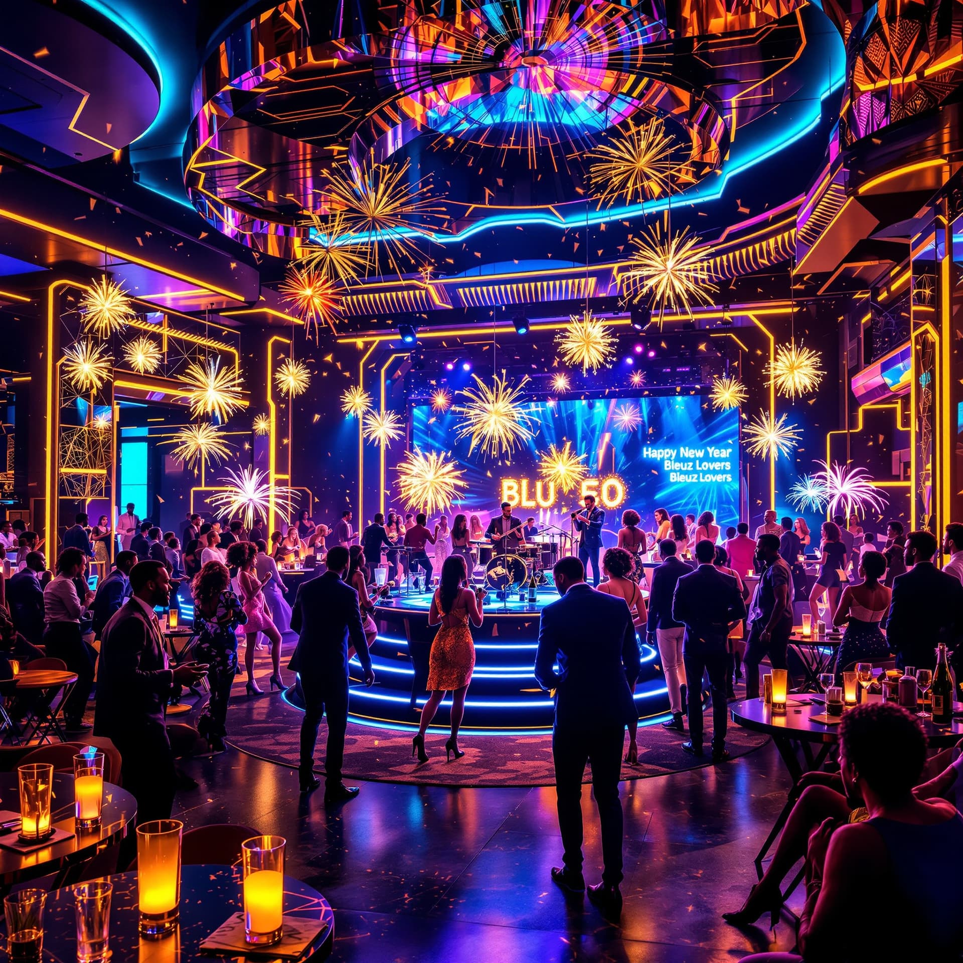 AI generated: A vibrant, high-resolution scene inside a futuristic afrocentric blues club, filled with joyful peop...