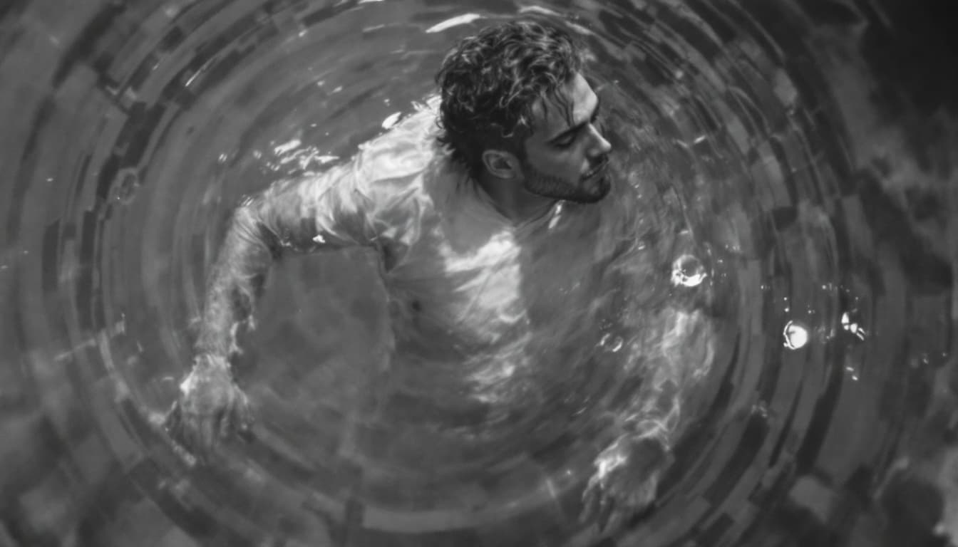 AI generated:  high definition black n white - camera shot from top - a man lying  horizontally in a well 