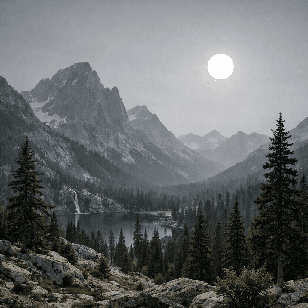 AI generated: a scenic landscape with tall mountains and trees but the sky has a more grey color  with no clouds a...