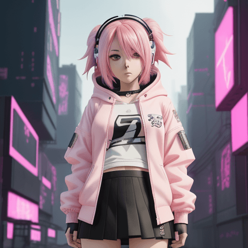 AI generated: anime girl with pink hair and a white jacket and black skirt, anime style 4 k, cyberpunk anime girl ...