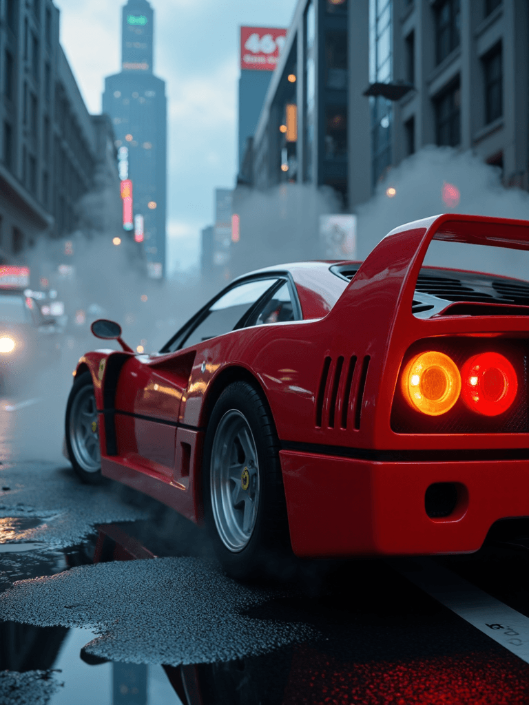 AI generated: A hyperrealistic, cinematic shot of a Ferrari F40 from a slightly elevated three-quarters rear angle...