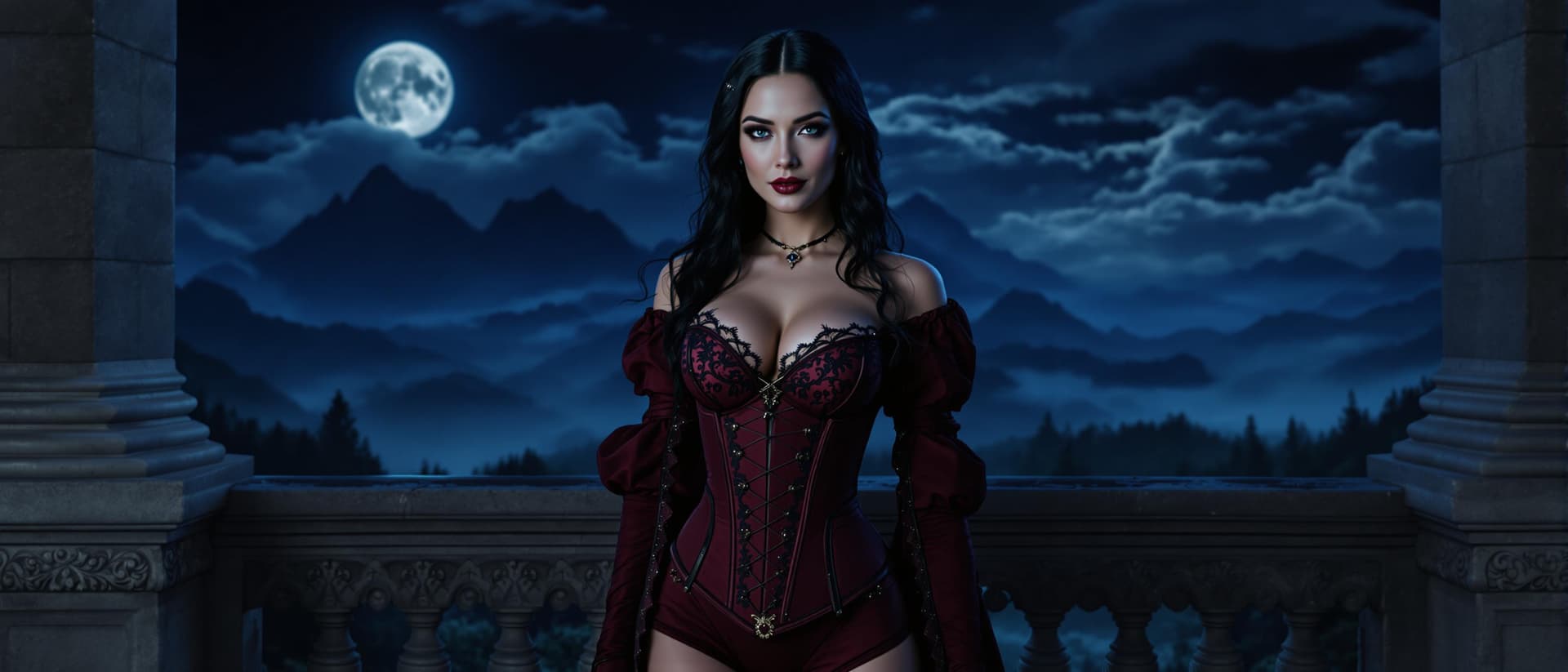 AI generated: "A cinematic portrait of Alina Dreymore, a mysterious noblewoman in her early thirties, standing con...