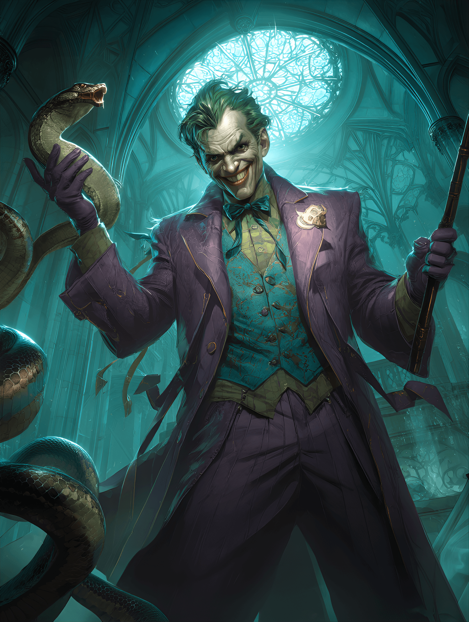 AI generated: The Joker, middle-aged, Caucasian male, with vibrant green hair, and a sinister grin, is depicted in...