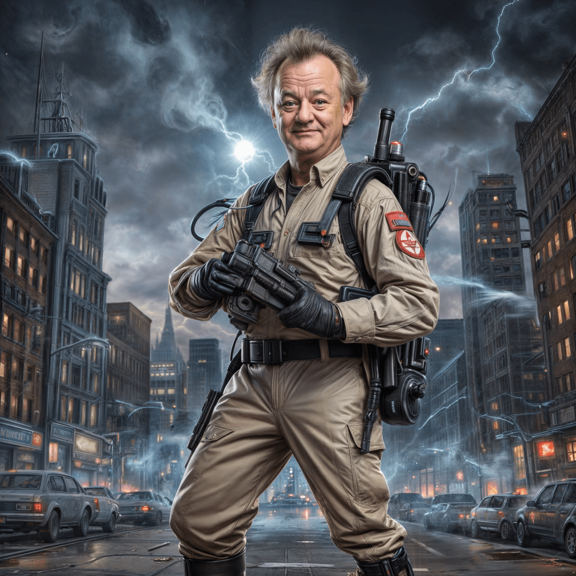 AI generated:  a humorous, exaggerated full-body caricature of young Bill Murray as a Ghostbuster. His face has ov...