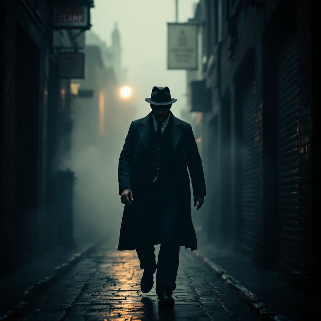 AI generated: (8k, RAW photo, highest quality) , hyperrealistic, Photo of a gang member from Peaky Blinders on a h...