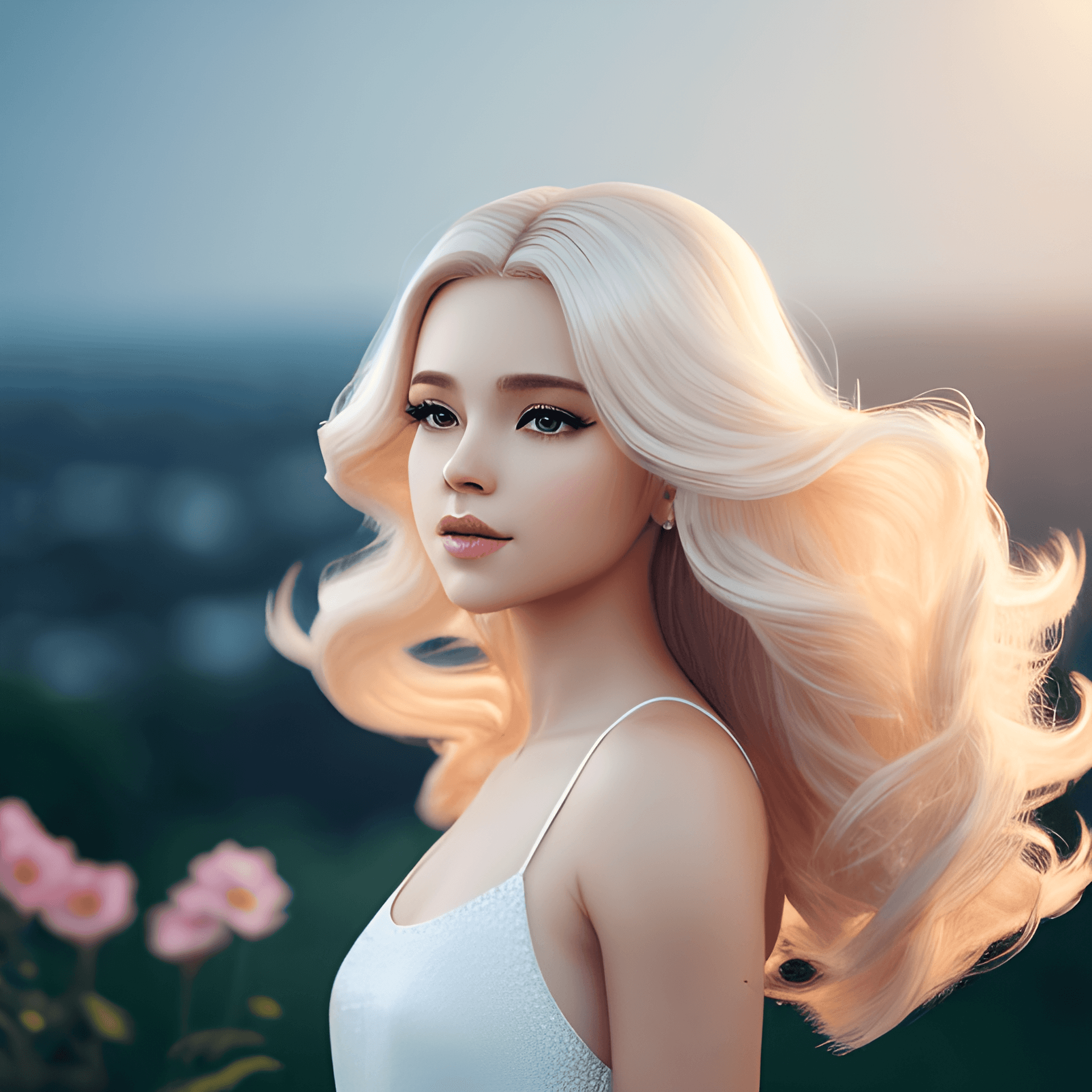 AI generated: (best quality, masterpiece), young woman, pose, particle, wind, flower, upper body, simple backgroun...
