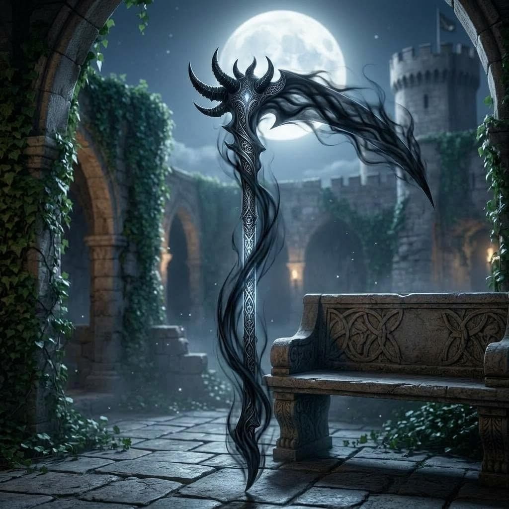 AI generated: create a tall shadow scythe inspired by the demon in the reference image 
