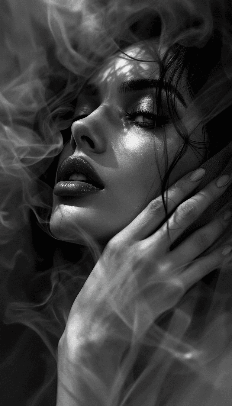 AI generated: neo-noir portrait study, silver halide gradients, dramatic shadow cascades, smoke-like fabric flows,...