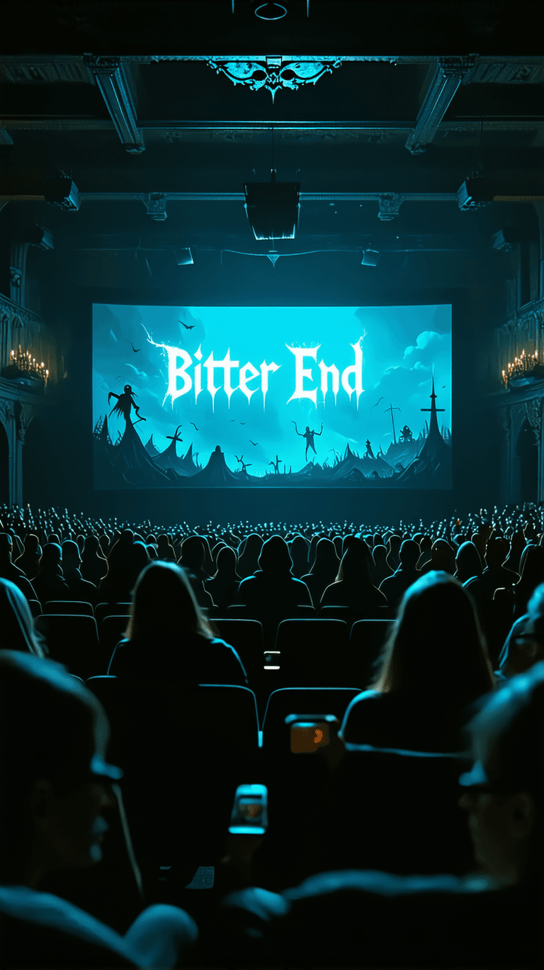 AI generated: Drone shot of audience watching cinema,screen light on uçaudience’s faces in shapes od evils,ghosts ...