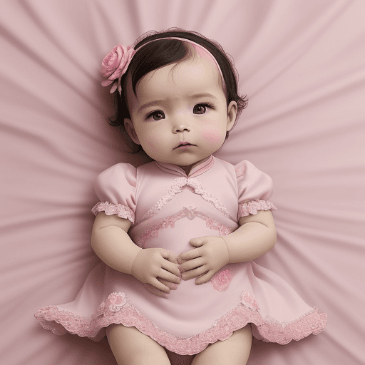 AI generated: Una bebé china, de 3 meses, con un vestido rosado, en un cuarto con paredes con dibujos de rosas