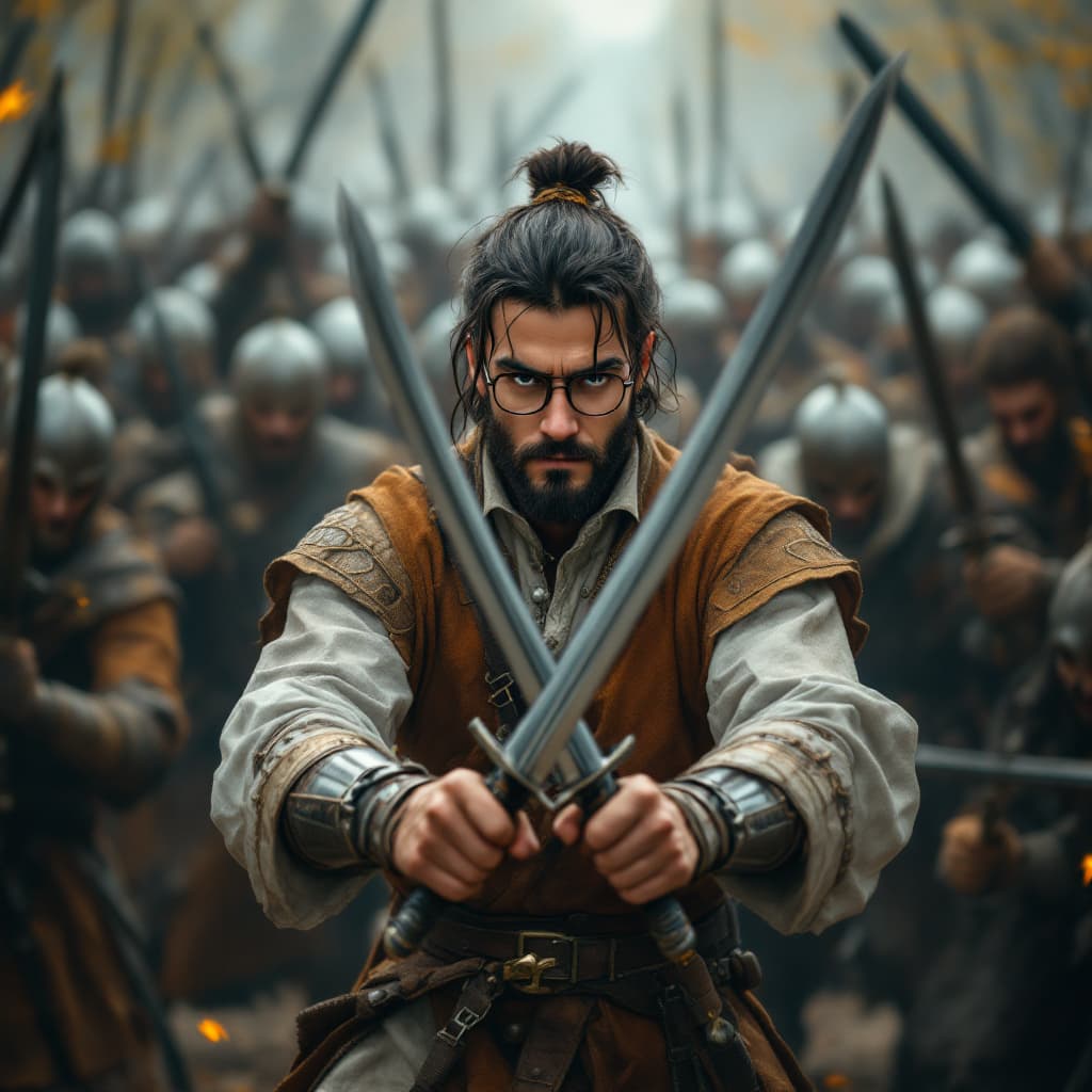 AI generated: A 26-year-old confident male with square specs in historian war like situation where he is surrounde...