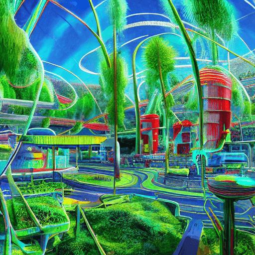 AI generated: human colony on unknown planet with retro futuristic buildings::2 bright vibrant colored vegetation:...
