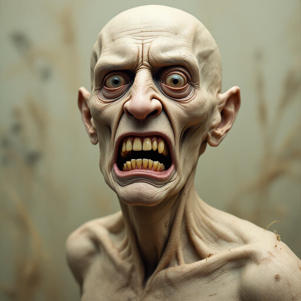 AI generated: An abstract, surrealist portrait of a human-like figure with exaggerated and distorted features, ins...
