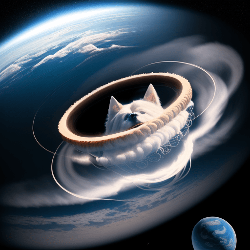 AI generated: dog made of clouds howling at giant rising planet with rings in space, curvature of earth, aerial vi...