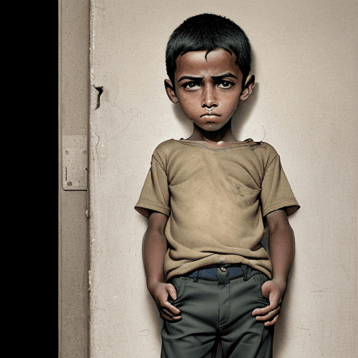 AI generated: A poor young boy pulls out his empty trouser pockets with his hands while looking at the viewer of t...