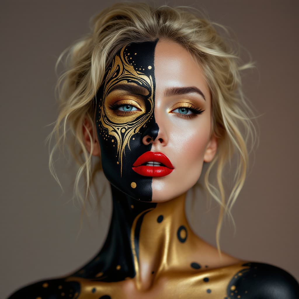 AI generated: An image of a woman with a hyperrealistic style, showcasing an elaborate body paint design. The skin...
