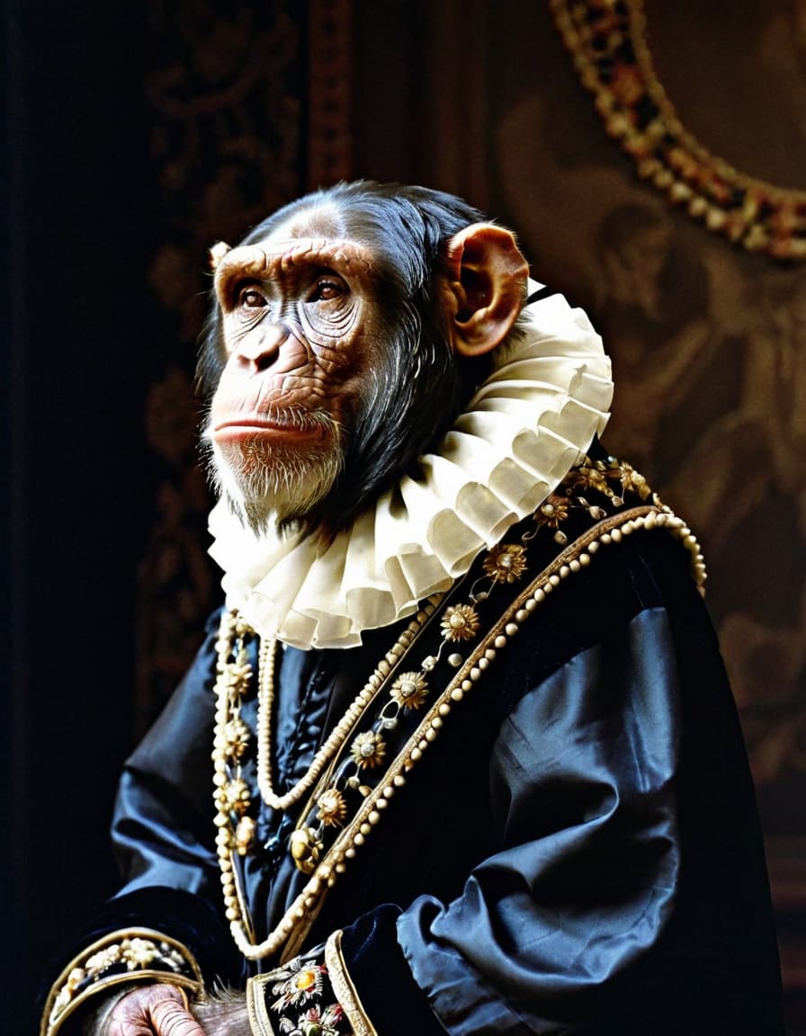 AI generated: chimpanzee, renaissance costume, ruff collar, robe, studio portrait, noble demeanor, detailed embroi...