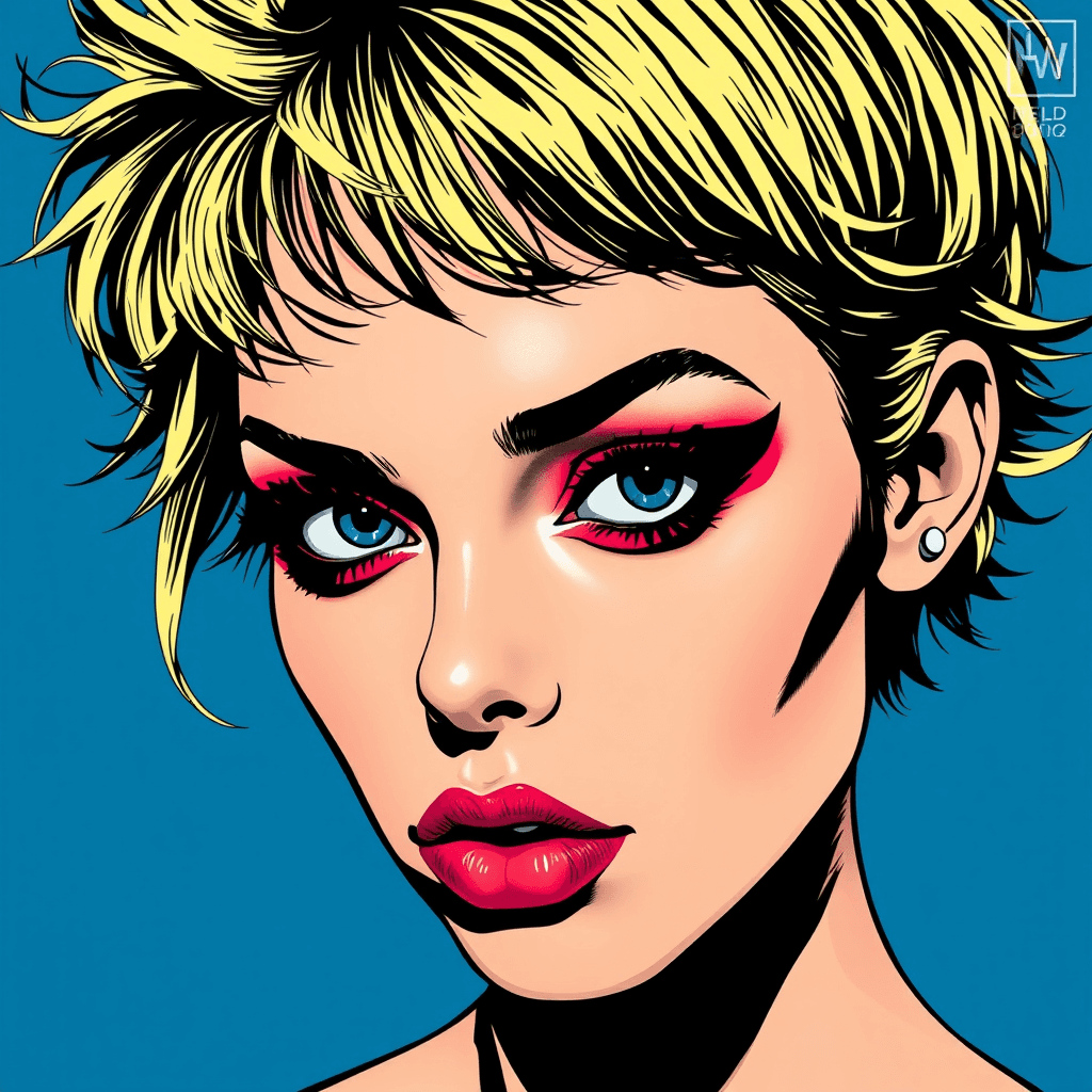 AI generated: Hyper detailed Close-up face illustration in style of (((Roy Lichtenstein))) of a gorgeous new wave ...