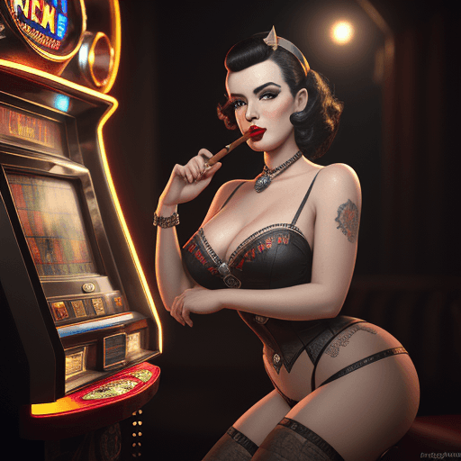 AI generated: Betty Paige likeness, burlesque model, puffing cuban cigar, slot machine ,  jackpot, intricate artwo...