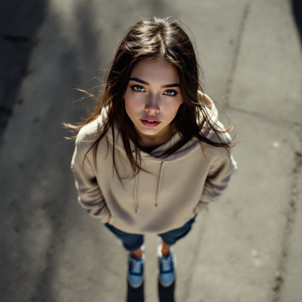 AI generated: /imagine prompt: photography, top view, full-body, female model, neat dark brown hair, long face wit...