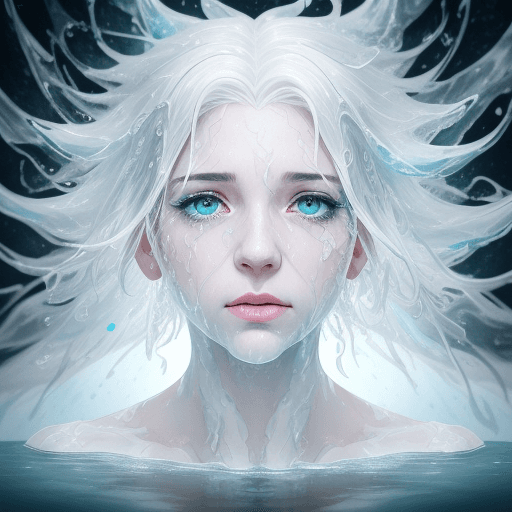 AI generated: A half body portrait of a woman made of water and ice, half body is submerged in ice, white hair dep...