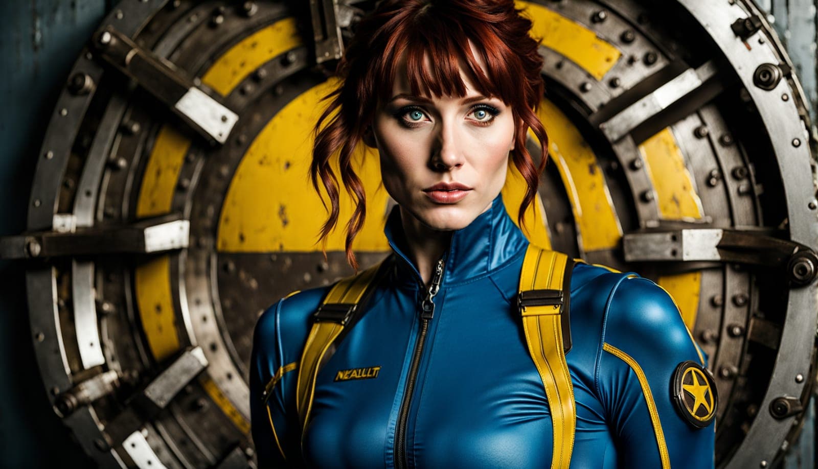 AI generated: 200mm portrait photo, wide angle, half-body, Bryce Dallas Howard cosplaying the girl from Vault 33, ...
