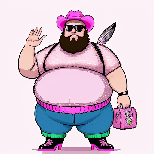 AI generated: Happy, overweight, old male, Waving right hand, Pink fuzzy short sleeve type sweater, eagle arm tatt...