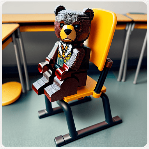 AI generated: a bear sit on classroomchair all parts will be created by lego full body