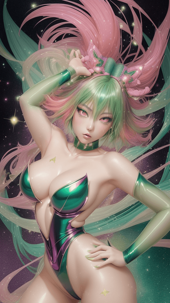 AI generated: A mesmerizing anime-inspired illustration featuring a stunning Japanese girl with radiant pink and g...