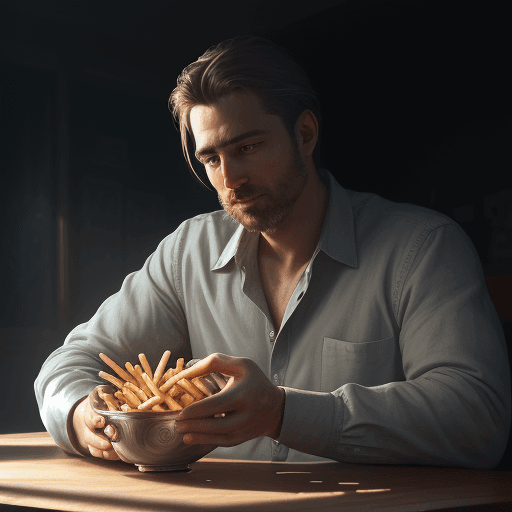 AI generated: detailed and realistic portrait of a beautiful picture from a man working on pc with a bowl from fre...