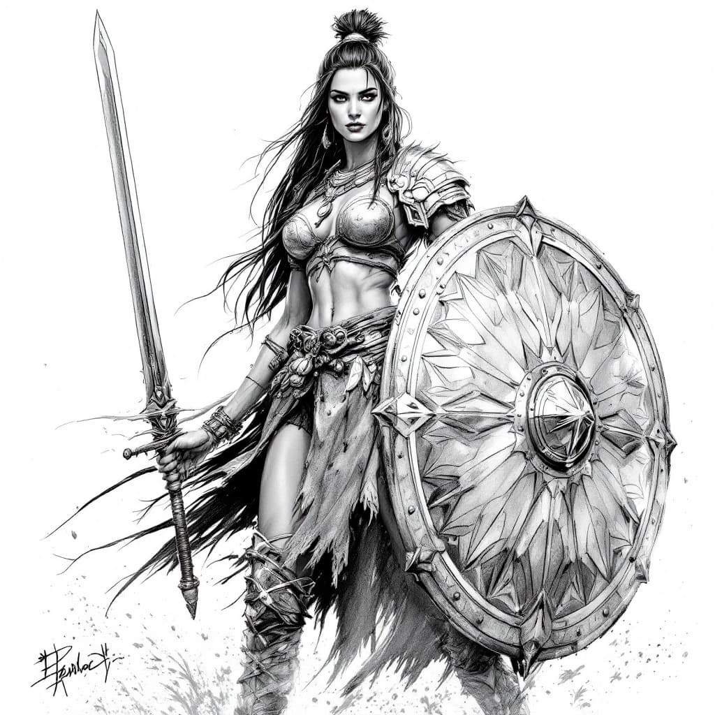 AI generated: Create different highly detailed, Pencil sketch, illustration of a filipino female warrior. She wear...