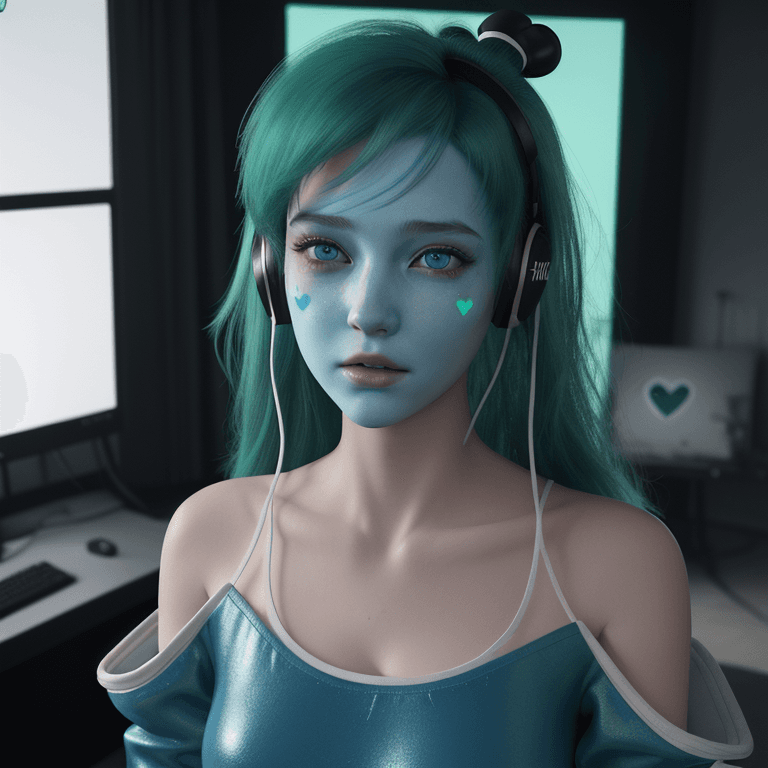 AI generated: Young girl with emerald hair, headphones on her head, blue eyes, plaster with a drawn heart on the l...