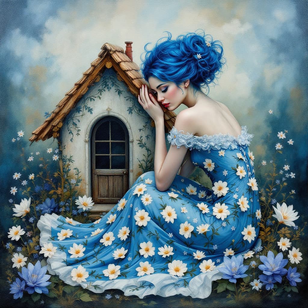 AI generated: Pintura artística a oleo de uma figura feminina sentada sobre uma pequena casa de estilo gótico, cob...