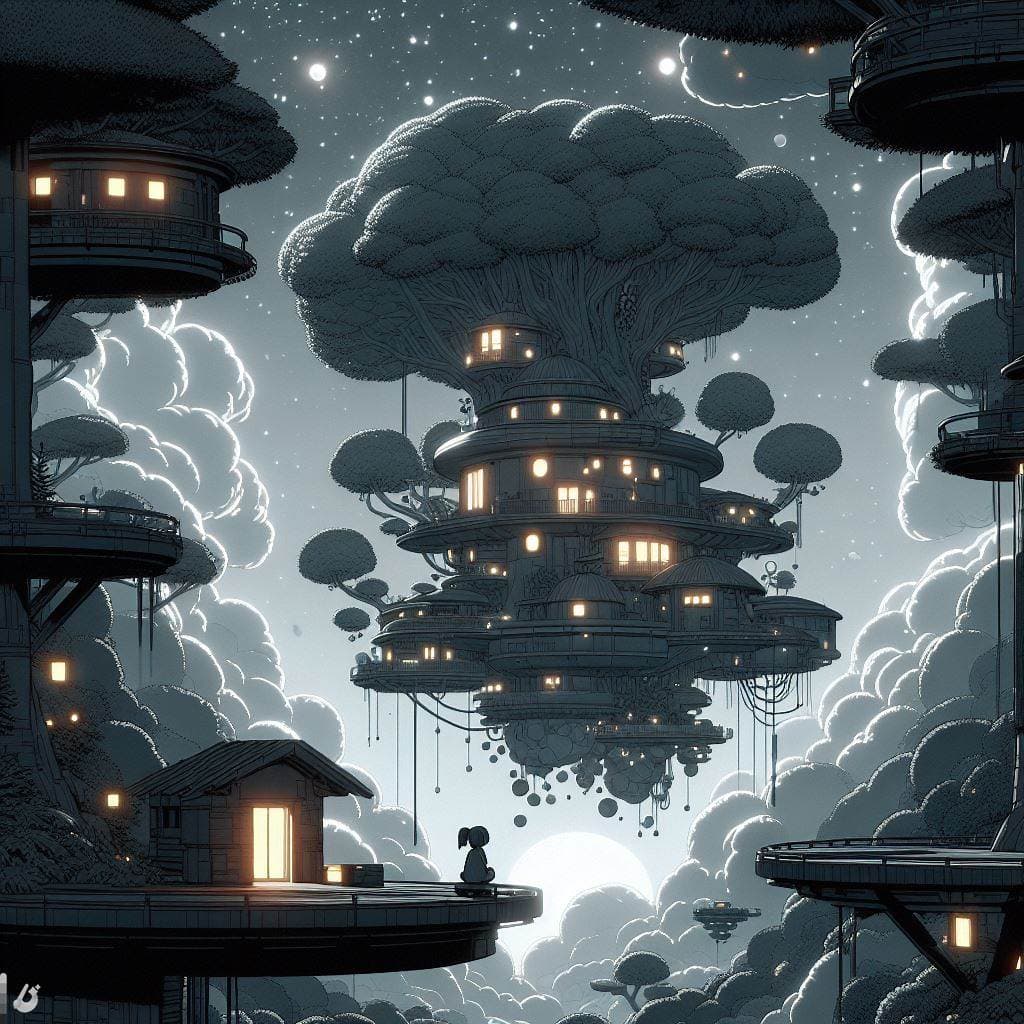 AI generated: Digital 2D, Miyazaki's style, ultimate detailed, tiny finnest details, futuristic, sci-fi, magical d...
