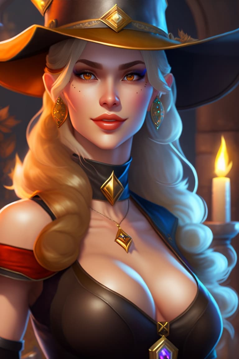 AI generated: The character Sorceress, from the game Dragon's Crown, half body, realistic photo, 8k